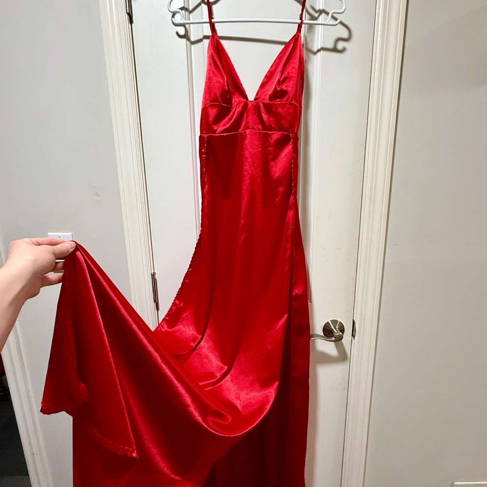 Silky Red Satin Dress with Double Slit